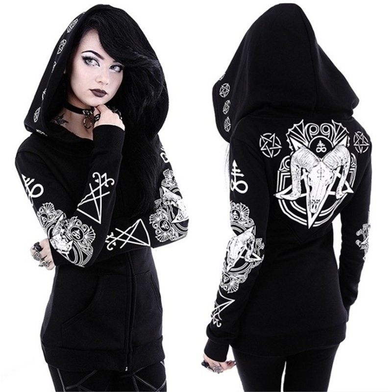 Gothic Punk Print Hoodies Sweatshirts Women Long Sleeve Jacket Zipper Coat Autumn Winter Female Casual Hoodie Oversized Hood 201211