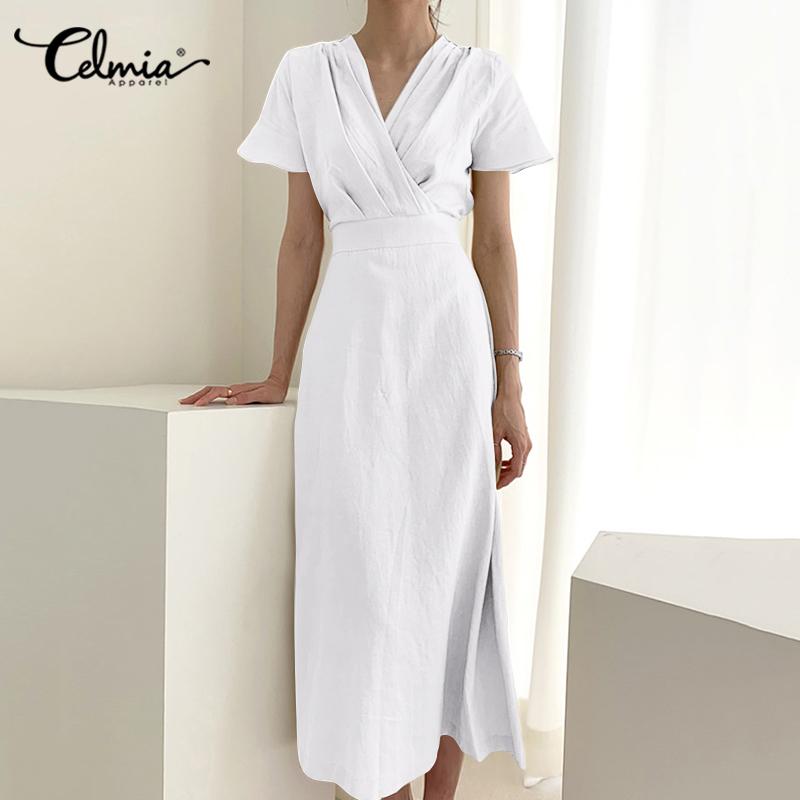 Short Sleeve High Waist Linen Dress Celmia Women Vintage V neck Casual Midi Sundress Fashion Solid Summer Plus Size Vestidos, White
Short Sleeve High Waist Linen Dress Celmia Women Vintage V neck Casual Midi Sundress Fashion Solid Summer Plus Size Vestidos, White