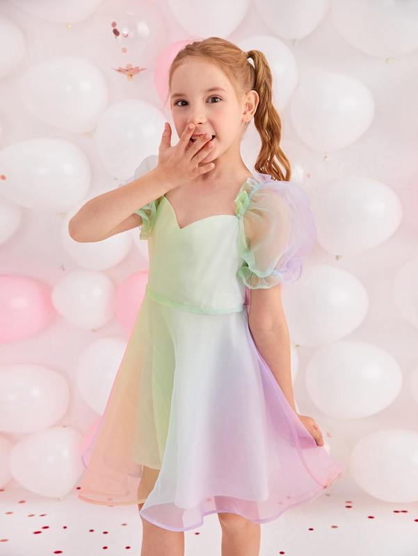 Girls 1pc Colorblock Puff Sleeve Mesh Overlay Dress SHE