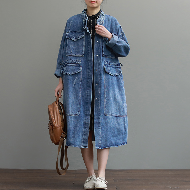 Cheap Oversize Casual Cowboy Trench Coat for Women Loose Outwear Long Denim Jean Coat Single-breasted Pocket Female Clothes 201111
