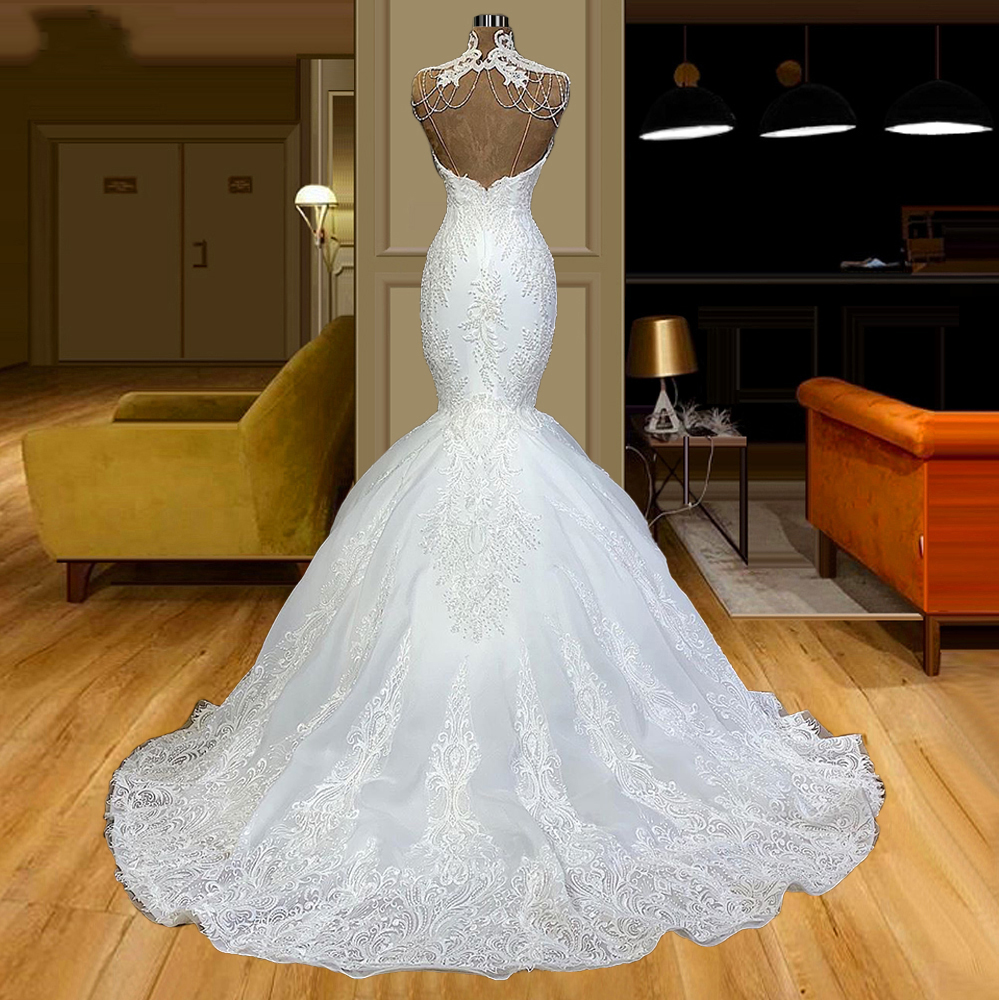Retro White Mermaid Wedding Dresses High Collar Lace Beaded Sweep Train Bridal Gowns Vestido De Novia