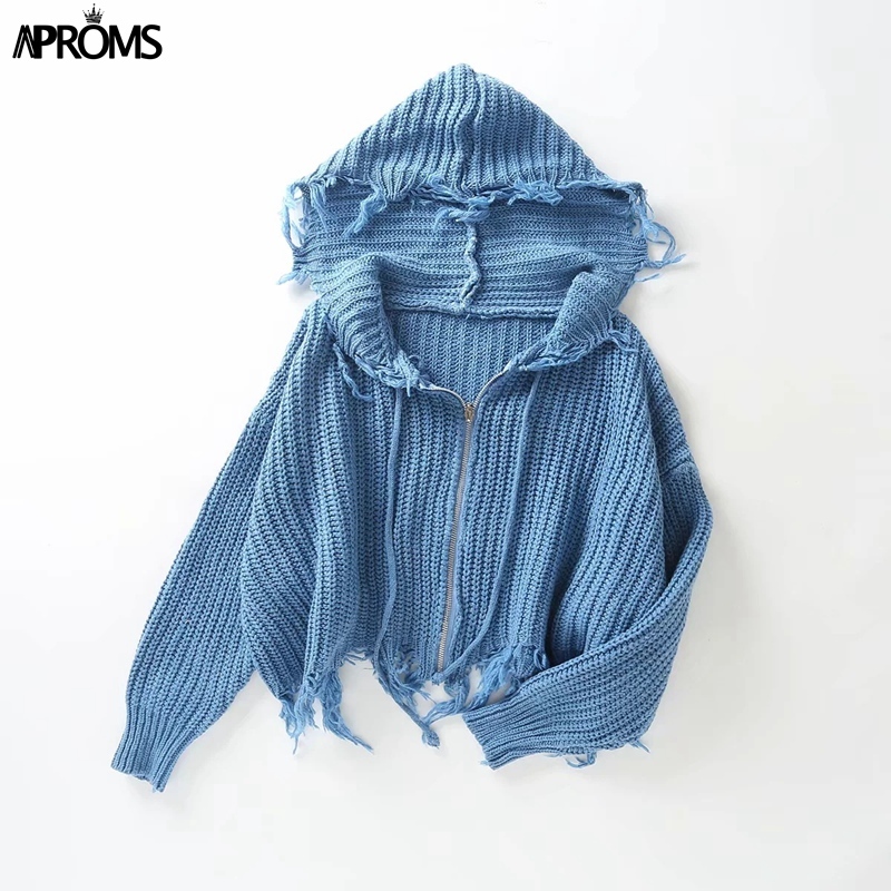 Aproms Casual Tassel Hooded Knitted Sweater Women Zipper Loose Cropped Cardigans Winter Coat Cool Gilrs Streetwear Jumper 201221