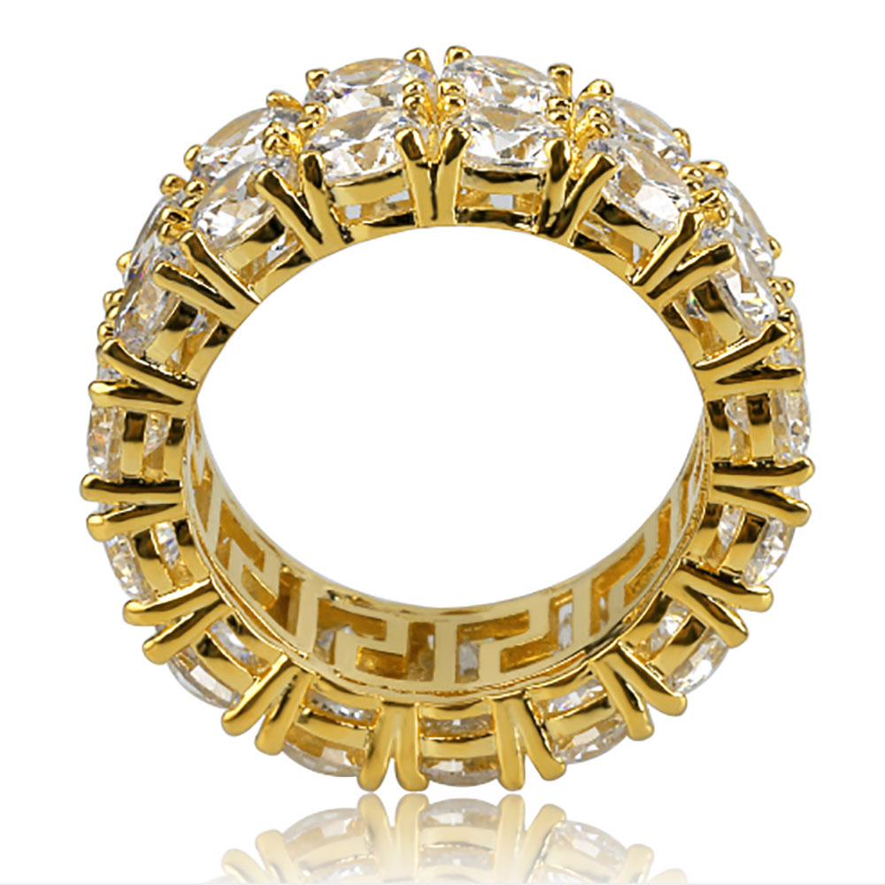 Mens 2 Row Iced Out 360 Eternity Bling Rings Micro Pave Cubic Zirconia Gold Plated Silated Dias Hip hop Ring with gift Free shipping
