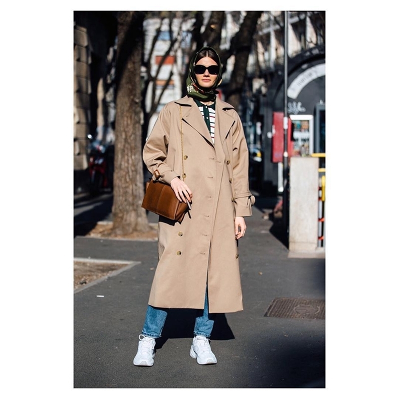 Fashion Woman Pisa Trench COAT BLACKkhaki Double Breasted cotton blend Drop Shoulder belted cuffs Oversized Long coats 201030