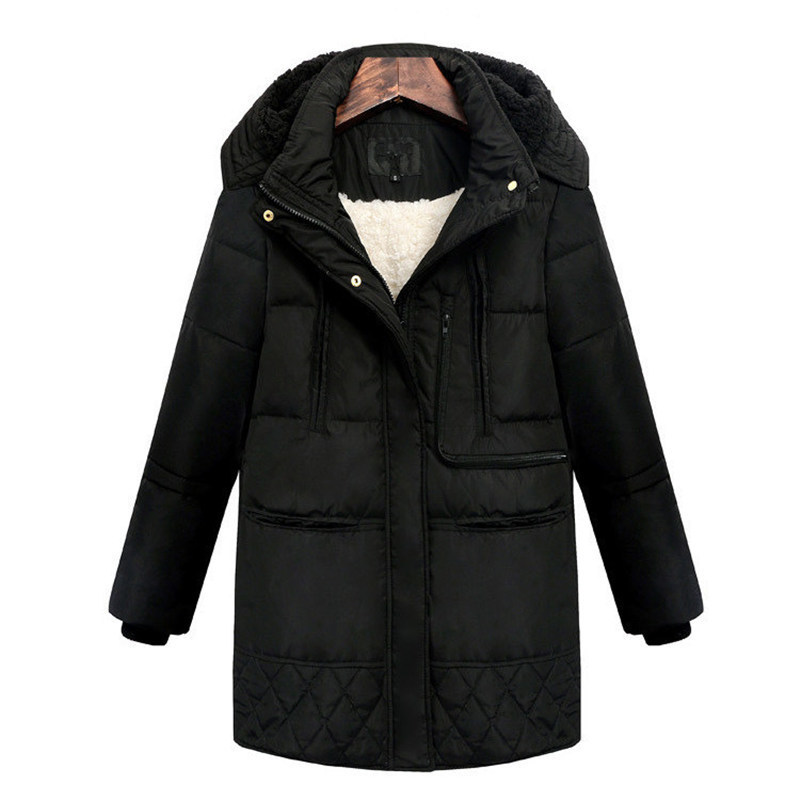 Women Winter Plus Size 3XL Hooded Solid Color Lambswool Thick Padded Jackets Warm Mid Length Coats Parkas Veste Femme MZ1911 200928