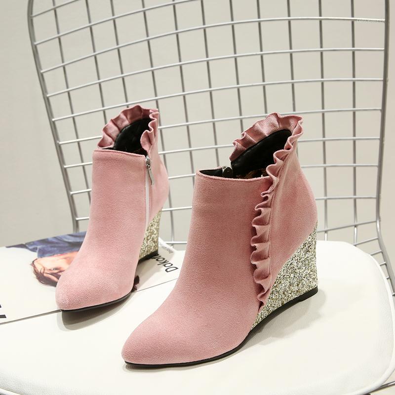 Autumn Winter Womens Ankle Boots Pointed Toe Wedge Heel Super High Heels Shoes Ruffles Rhinestones Nubuck Leather Shoes Sweet U71, Black
Autumn Winter Womens Ankle Boots Pointed Toe Wedge Heel Super High Heels Shoes Ruffles Rhinestones Nubuck Leather Shoes Sweet U71, Black