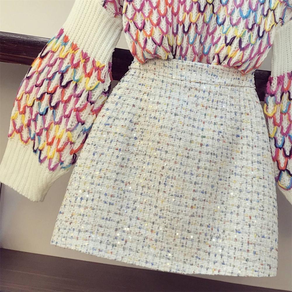 Fall Winter New Contrast rainbow rhombic knit Sweater + Sexy Short Tweed Skirts Womens Elegant Skirts Two-piece Set Female 201123