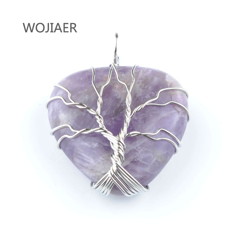 WOJIAER Silver Tree of Life Wire Wrap Water Bead Pendant Natural Golden Sand Pink Quartz Gem Stone Heart Jewelry BN362