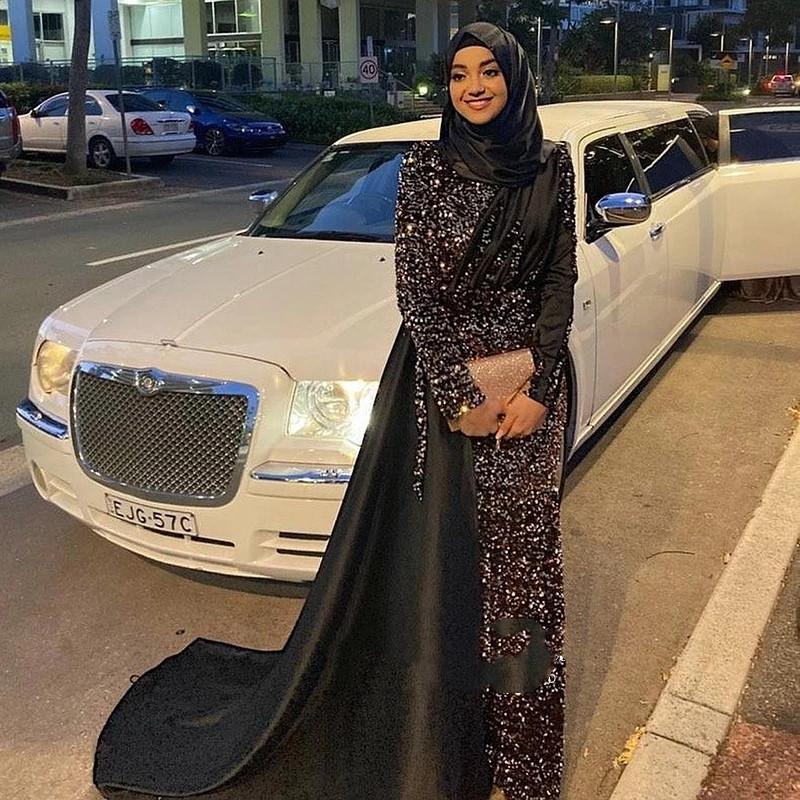 Glitter Sequin Mermaid One Shoulder Muslim Evening Dresses Long Sleeves 2022 Luxury Abaya Dubai Arabic fishtail prom dress wear