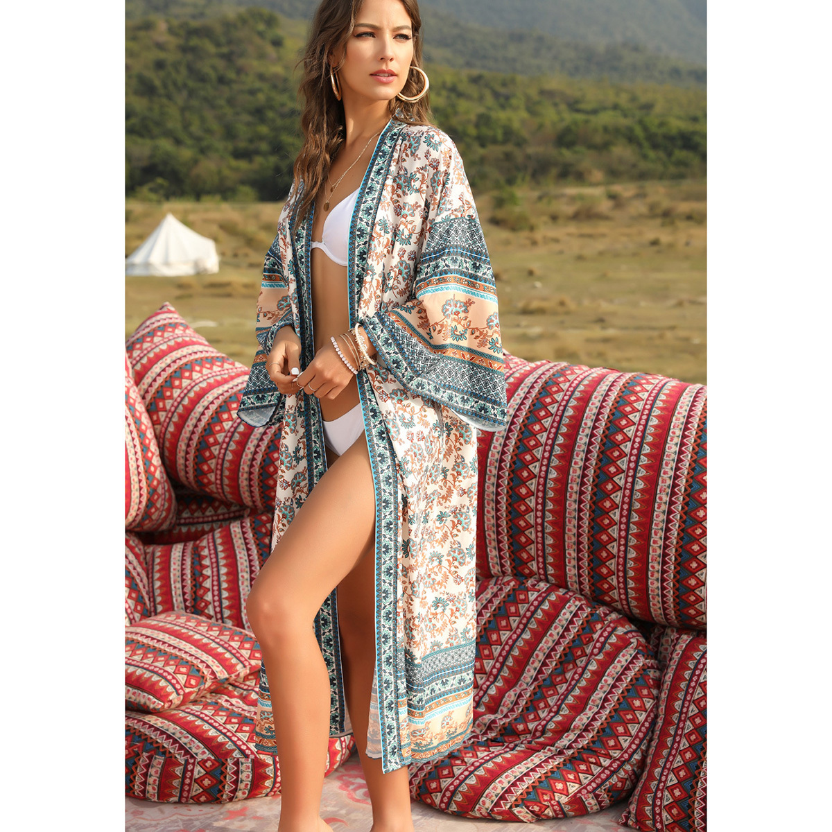 Boho Floral Print Cardigan Women Jackets Kimono Hippie Open Stitch Spring Beach Wear Loose Casual Top Long Sleeve Vintage Shirt 201029
