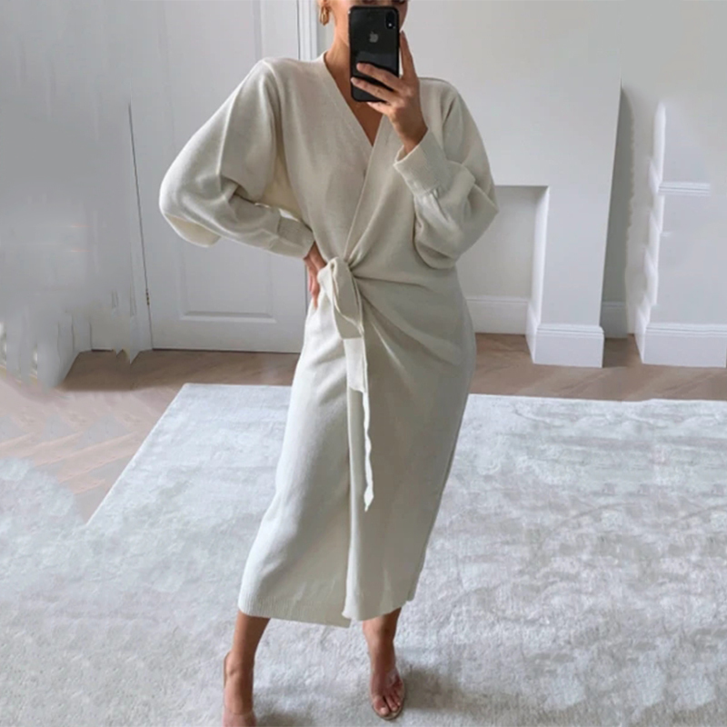 Autumn Winter Women Knitted Dress Elegant Casual V-neck Long Sleeve Midi Cardigan Solid Loose Split Side Sweaters Dresses 201110