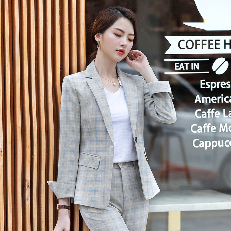 Temperament Women's Plaid Suit Pants Sets Autumn high quality slim plaid ladies jacket suit Casual trousers Twopiece 2019 New T200818