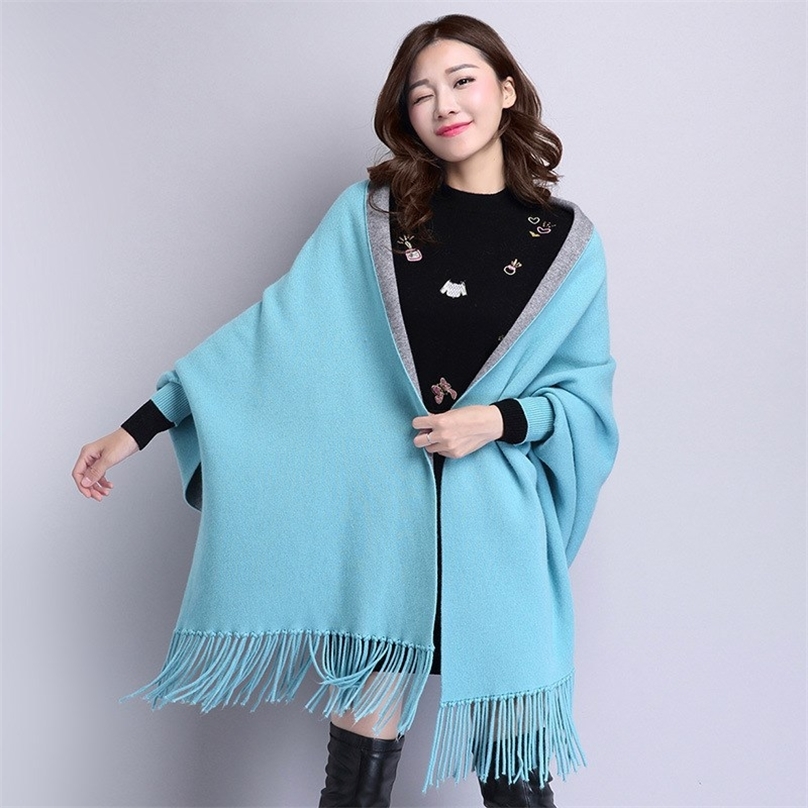 Winter Poncho With Sleeve Shawls Wraps Pashmina Lapel Lattice Geometric Knitted Sweater Coat Tassels Cape Sleeves Women 201214