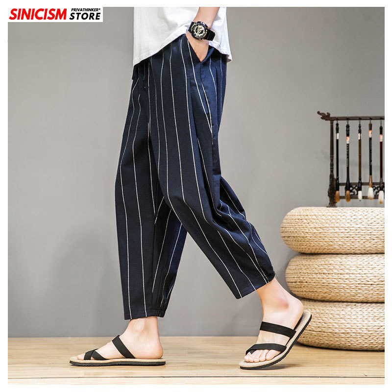 MrGoldenBowl Store Male Striped Cotton Linen Pants Men CalfLength Loose Harem Pants Mens Vintage Casual Trousers Clothing 201110