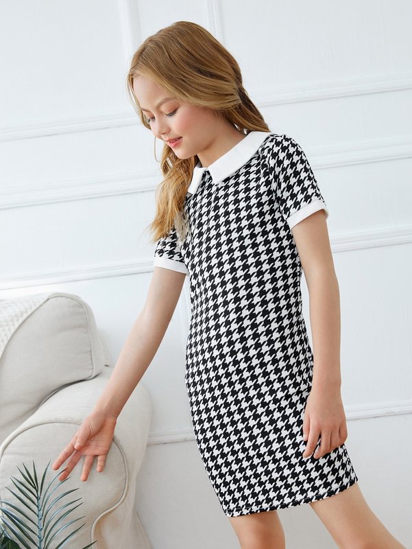 Girls Keyhole Back Houndstooth Print Fitted Dress SHE