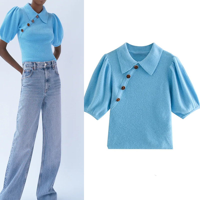 2021 New Women Blue Short Puff Sleeves Cropped Knitted Sweater Ladies Fashion Lapel Collar Slim Contrast Button-up Top 0vf2, Sky blue
2021 New Women Blue Short Puff Sleeves Cropped Knitted Sweater Ladies Fashion Lapel Collar Slim Contrast Button-up Top 0vf2, Sky blue