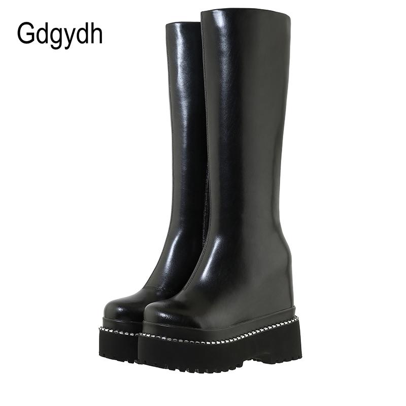 

Gdgydh Sexy Rivet Knee High Boots Women Punk Height Increasing Genuine Leather Platform Wedges Winter Shoes Thick Bottom Zipper, White shoes