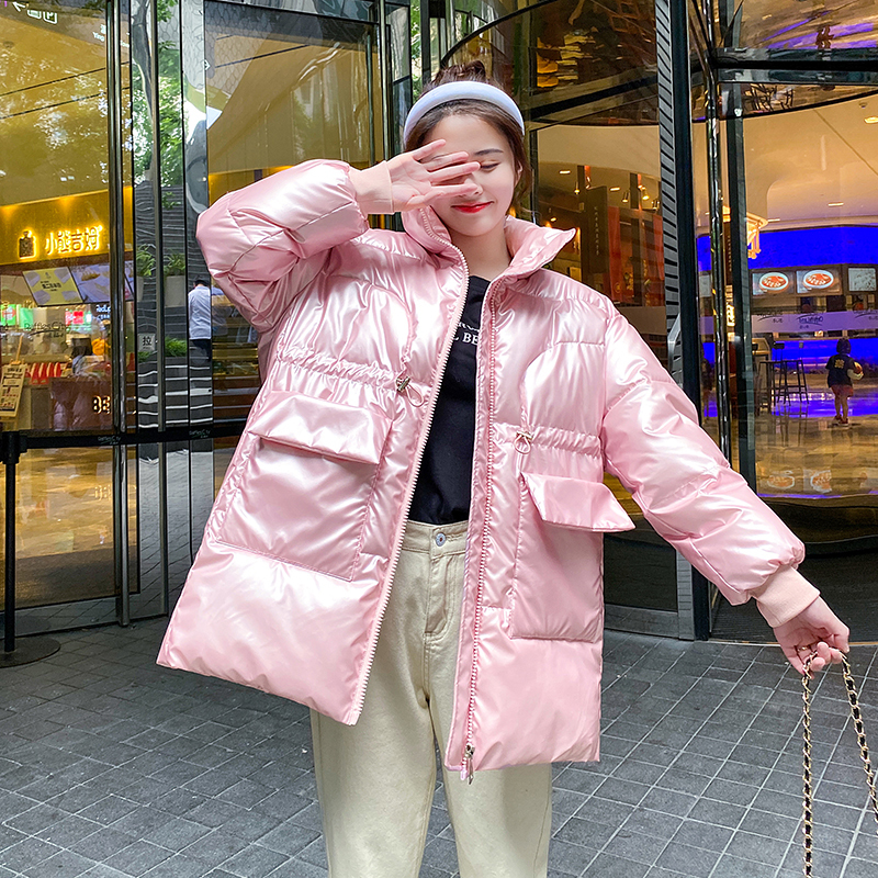 Long Parkas Female Winter Stand Collar Oversized Shiny Women's Jackets Solid Thick Big Pockets Loose Casual Overcoat Female 201214