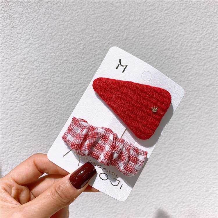 New Korean Children's Dot Plaid Love BB Clip Sweet Girl Fashion Festive Red Velvet Fabric Bow Duckbill Clip Hair Accessories