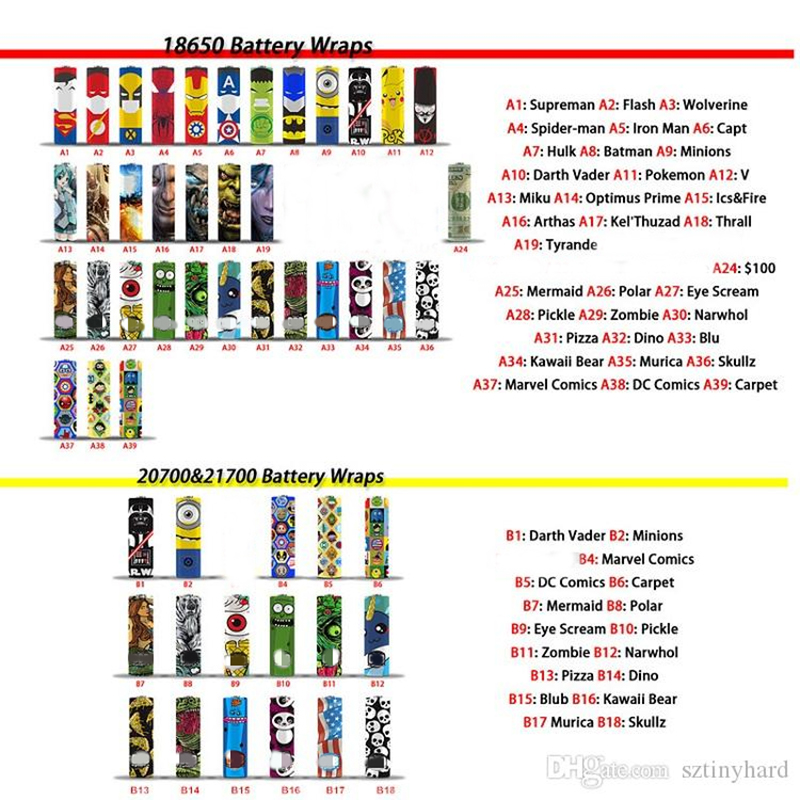 58 styles Newest 18650 20700 21700 battery Wraps PVC Skin Sticker Shrinkable Wrapper Cover Sleeve Heat Shrink Re-wrapping for Batteries
58 styles Newest 18650 20700 21700 battery Wraps PVC Skin Sticker Shrinkable Wrapper Cover Sleeve Heat Shrink Re-wrapping for Batteries