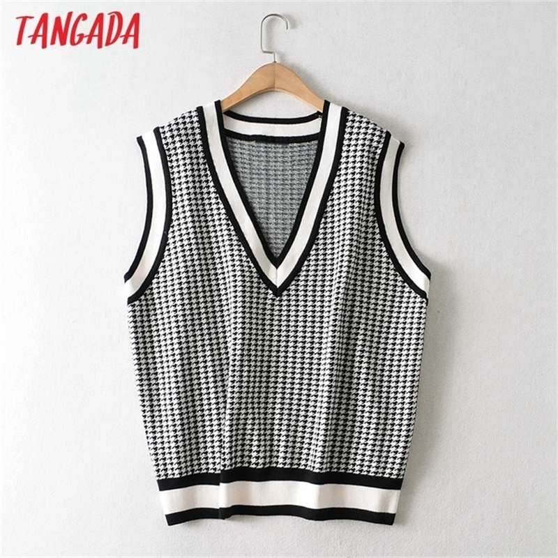 Tangada fall women plaid oversized sweater cashmere knitted pullover sweater v neck high quality jumper 3H679 201221