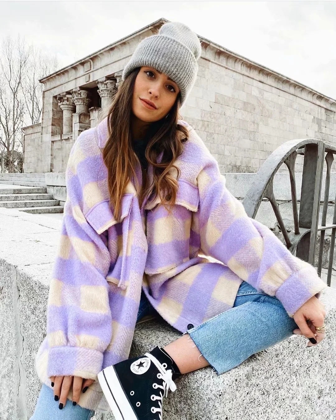 Fashion purple plaid women coats and oversized long sleeve jackets women long woolen jacket casual plaid top female long shirt 201027