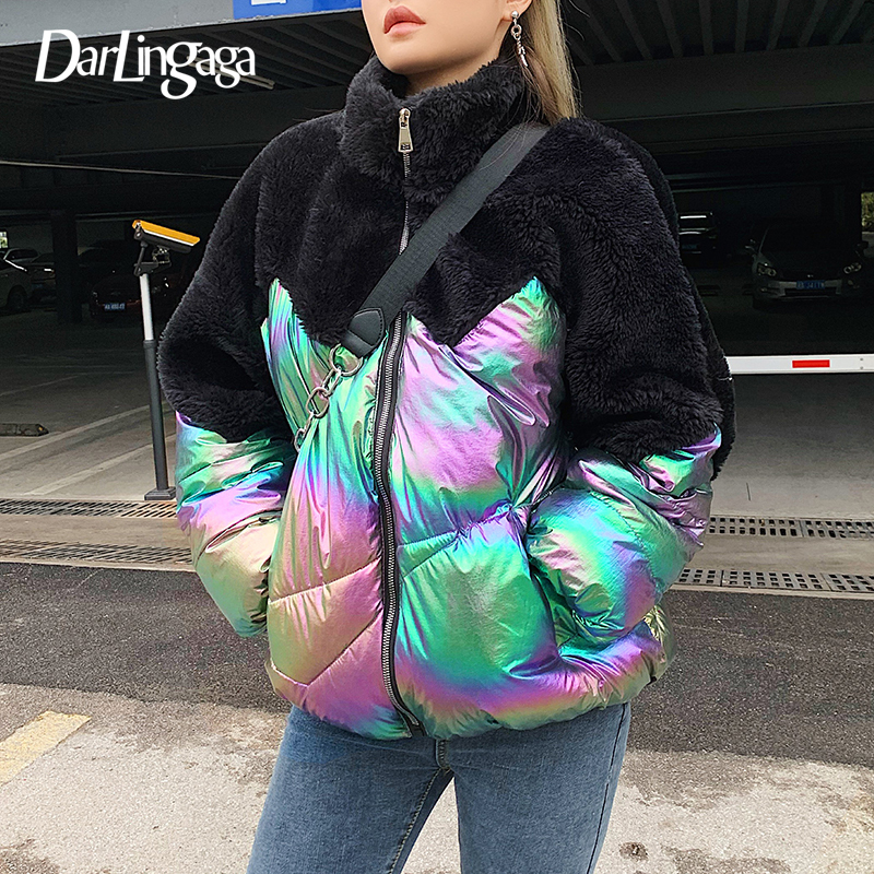 Fashion Holographic Winter Coat Women Warm Parka Faux Fur Patchwork Womens Down Jacket Outwear Zipper Coats Overcoat T200116