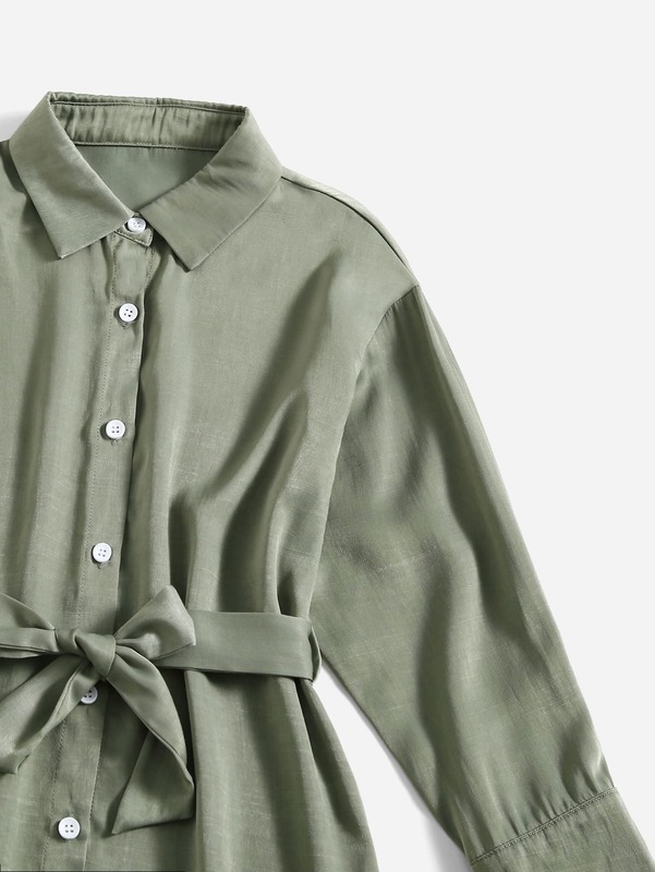Girls Curved Hem Button Front Belted Shirt Dress SHE
