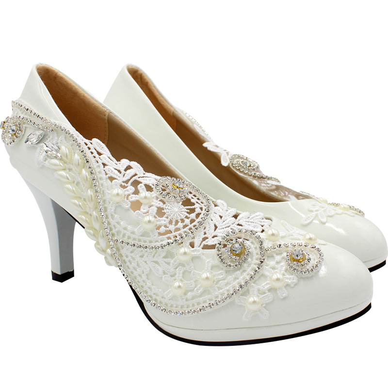 Custom Made Bridal Wedding Shoes Platforms Kitten High Heel Lace Pearls Crystals White Party Shoes for Brides Bridesmaid Roun
