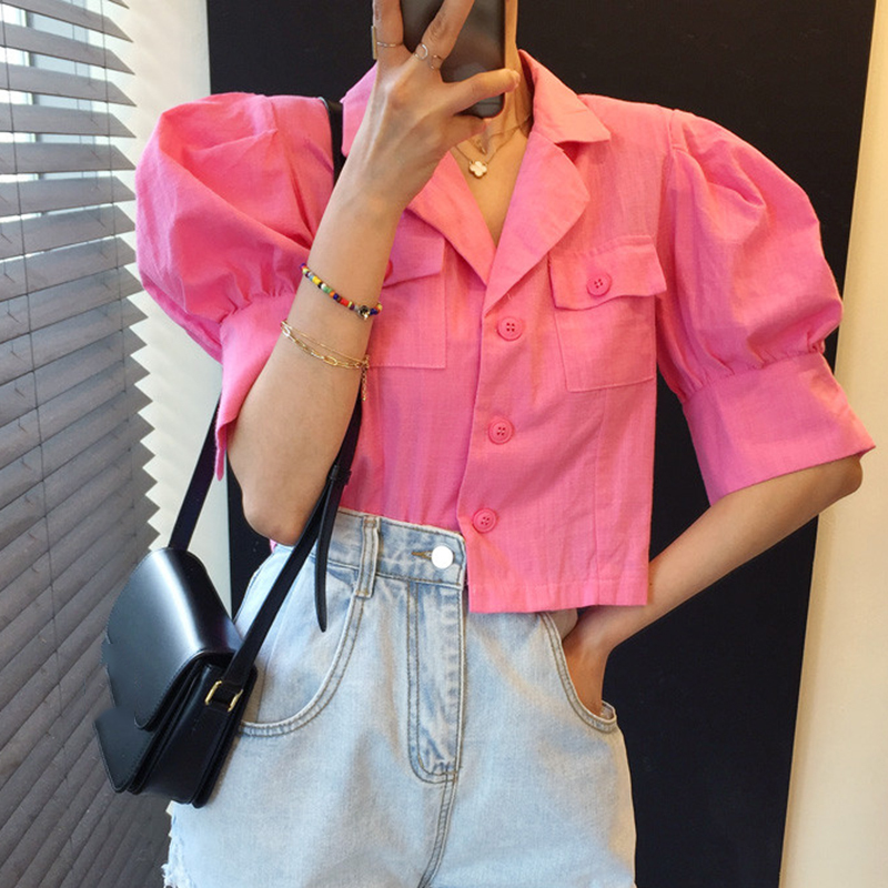 Gagarich Women Coat Korean Style Chic Summer Simple Candy-Colored Single-Breasted Loose Puff Sleeve Suit Cropped Jackets Ladies 201029