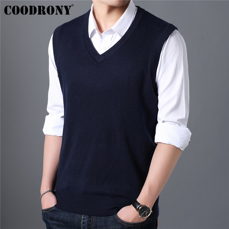 COODRONY Sweater Men Autumn Winter Warm Cashmere Woolen Mens Sweaters Classic Pure Color V-Neck Sleeveless Vest Pull Homme 91020 201117