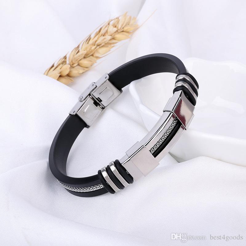 Mens Bracelets Black Stainless Steel Silicone Bracelets Charm Bracelet Male Bangle For Men Jewelry Silver & Rose Gold Color