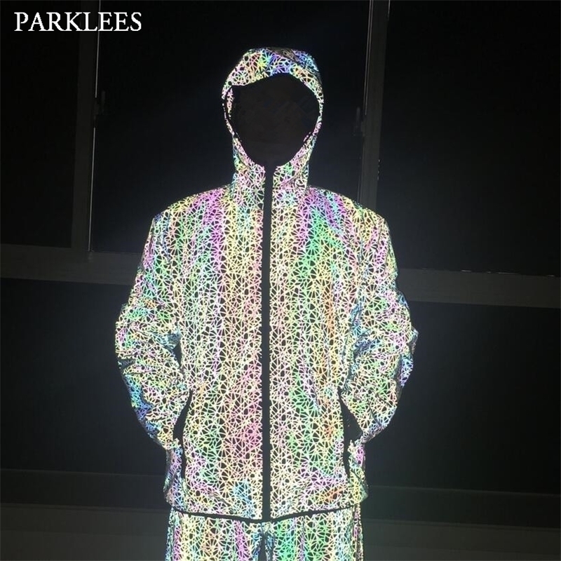 Colorful Hooded Reflective Jacket Men/Women Autumn Fluorescent Zipper Mens Jackets and Coats Casual Steetwear Windbreaker 201130
