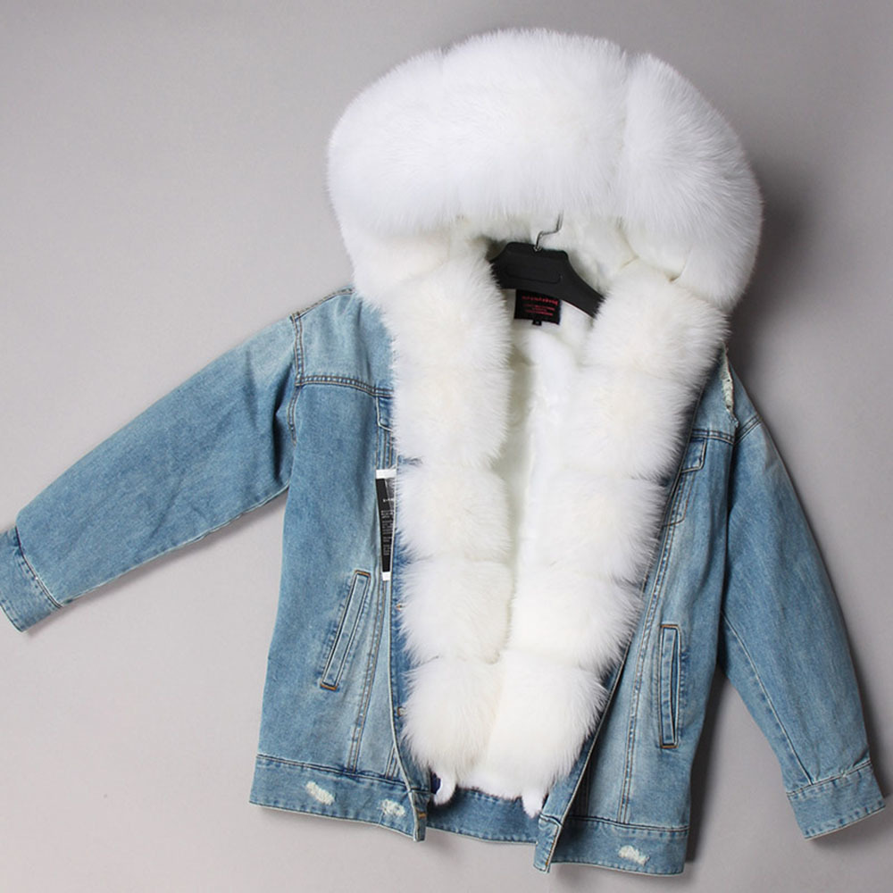 Maomaokong natural fox fur big fur collar Jacket jacket denim Loose fashion fur Removable lining Park leather coat women's cloth 201217
