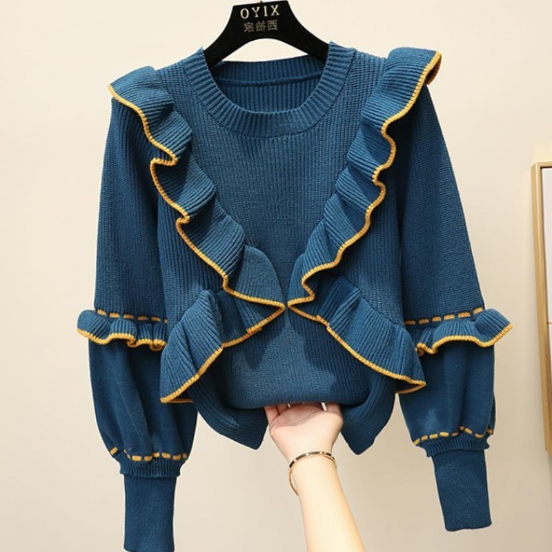 Autumn winter women's top Korean style the ruffle stitching pullover sweater new lantern sleeve knitted bottoming tops LL283 201023