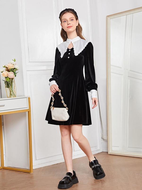 Teen Girls Contrast Collar Cut Out Velvet Dress SHE