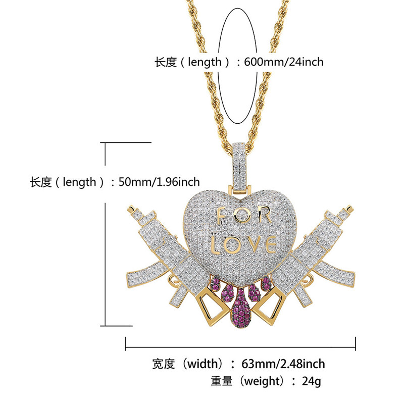 Iced Out Love Heart Pendant Hip Hop Full CZ Stone Double Gun Charm Necklace Rapper Jewelry For Men Free shipping Free shipping