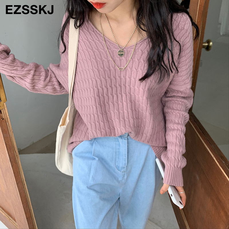 basic spring autumn soft oversize Sweater Pullovers Women v-neck Long Sleeve Knit thick Sweater Female Jumpers solid sweater 201031