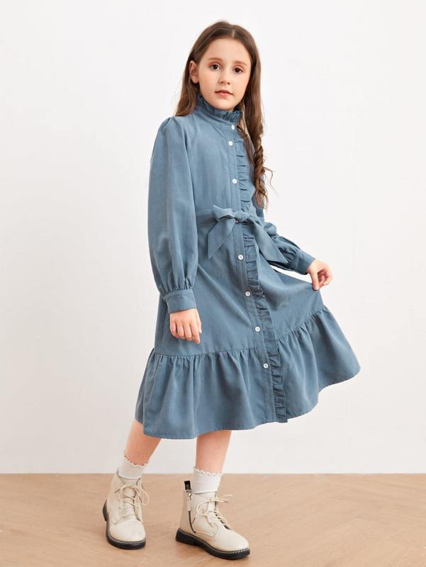 Girls Button Front Tie Front Ruffle Hem Dress SHE