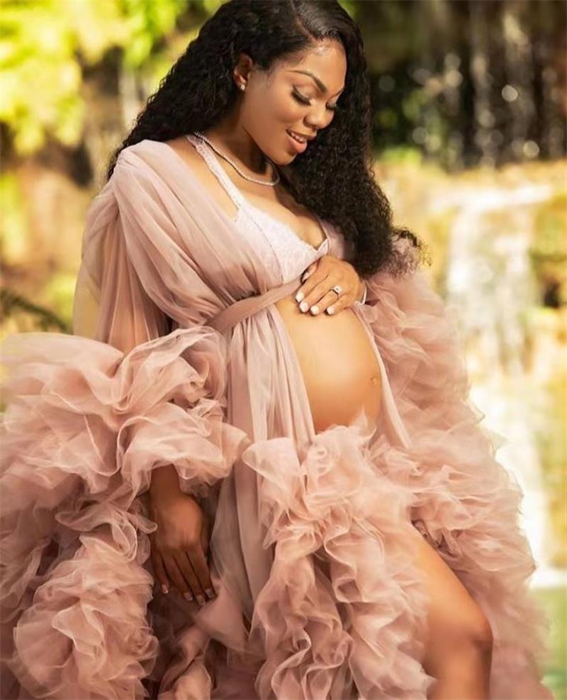 Blush Pink Maternity Sleepwear Luxury Ruffles Long Sleeves Wedding Sleepwear Bathrobes Nightgowns Tiered Robes Women Dress