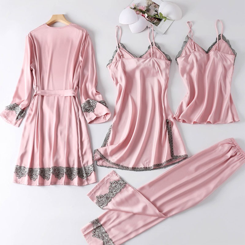 4PCS Satin Sleepwear Lady Pajamas Suit Nighty&Robe Set Sexy Intimate Lingerie Casual Bridal Wedding Gift Homewear Nightgown 201031