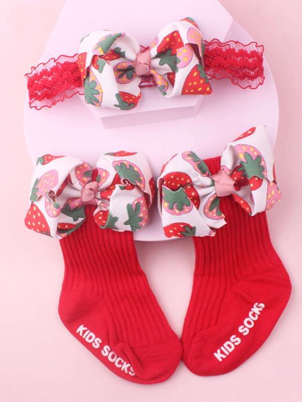 Baby Flower Pattern Bow Decor Hair Band & Socks SHE