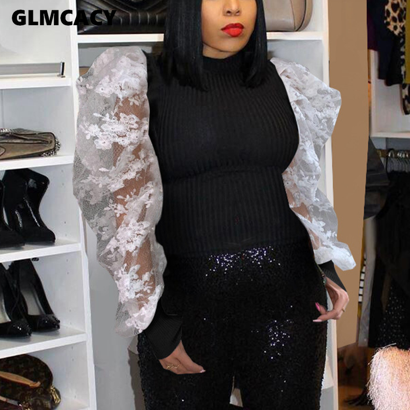 Women Sexy Lace Embroidery Mesh Blouse Puffed Sleeve Blouse Shirts Long Sleeve O Collar Shirt Blouse T200321