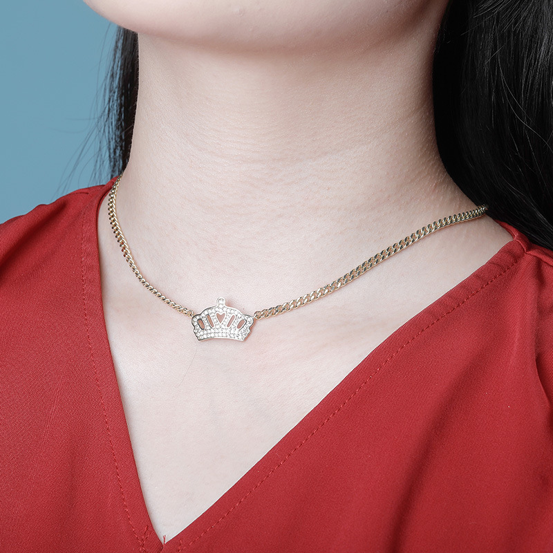 Iced Out Crown Choker Necklaces for Women 18K Real Gold New Fashion Hip Hop Prong Settting AAA CZ Stone Crystal Cubic Zirconia Bling Jewelry Gold Silv