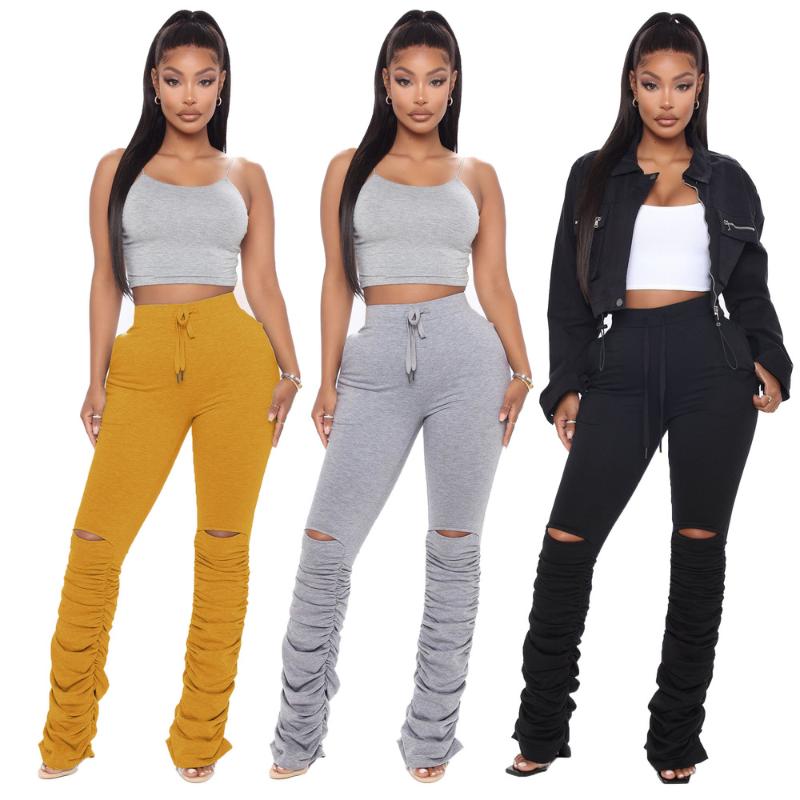 

High Waisted Casual Sportswear Stacked Pant Jogger Women Hollow Out Drawstring Ruched Trouser Streetwear Solid Bodycon Sweatpant, Black