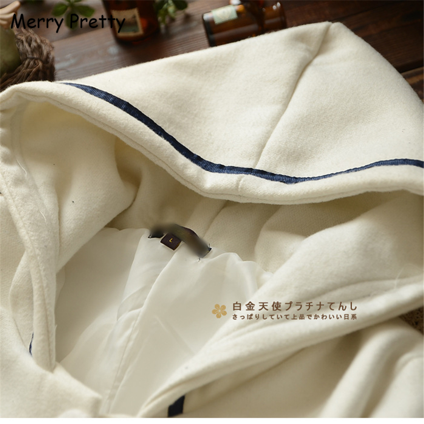 Merry Pretty Autumn Winter Women Jacket Preppy Style Mori Girl Solid Color Hooded Long Sleeve Blends Warm Coat Casual Outerwear 201017