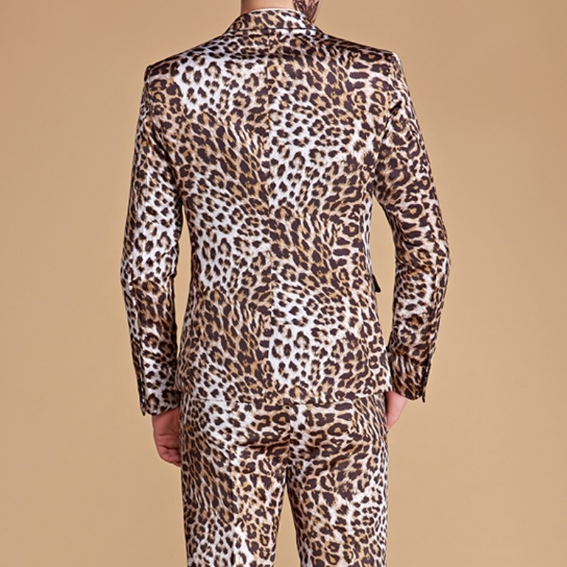 (Jackets+Pants) Mens Leopard Print Suit Casual Slim Fit One Button 2 Piece Set Suits Wedding Singer DJ Stage Plus Costumes Homme 201105