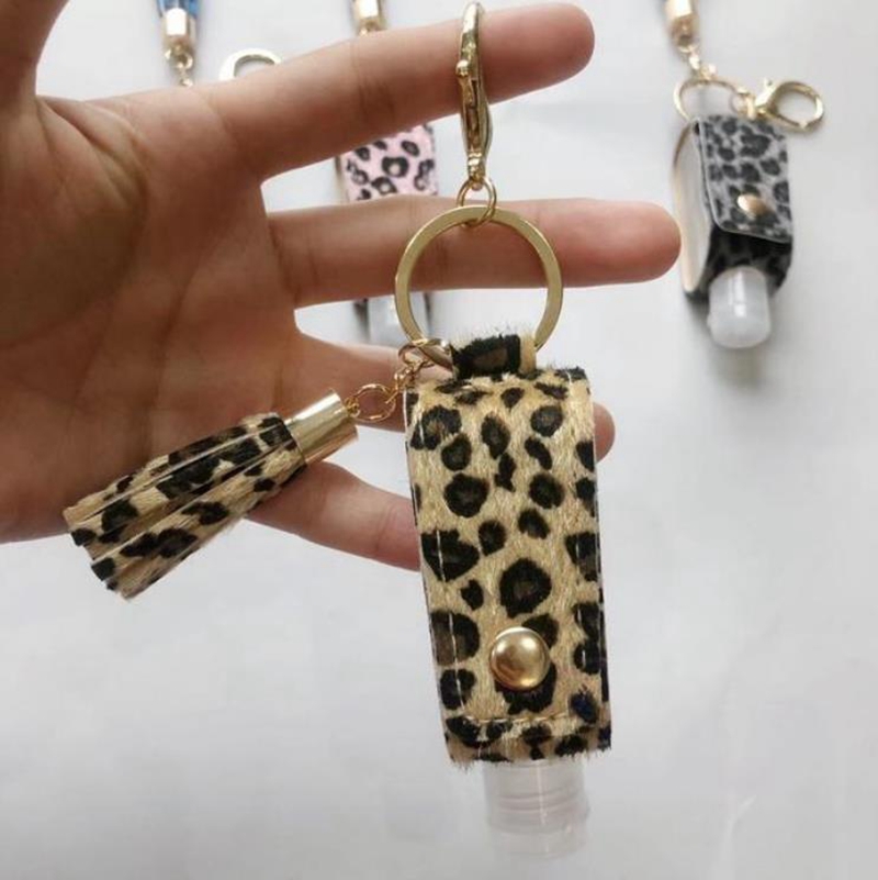 Leopard Sanitizer Keychain PU Leather Sanitizer Bottle Holder Tassels Keychain Plastic Travel Bottle Carrier Container Girl Gift 4 Style6206