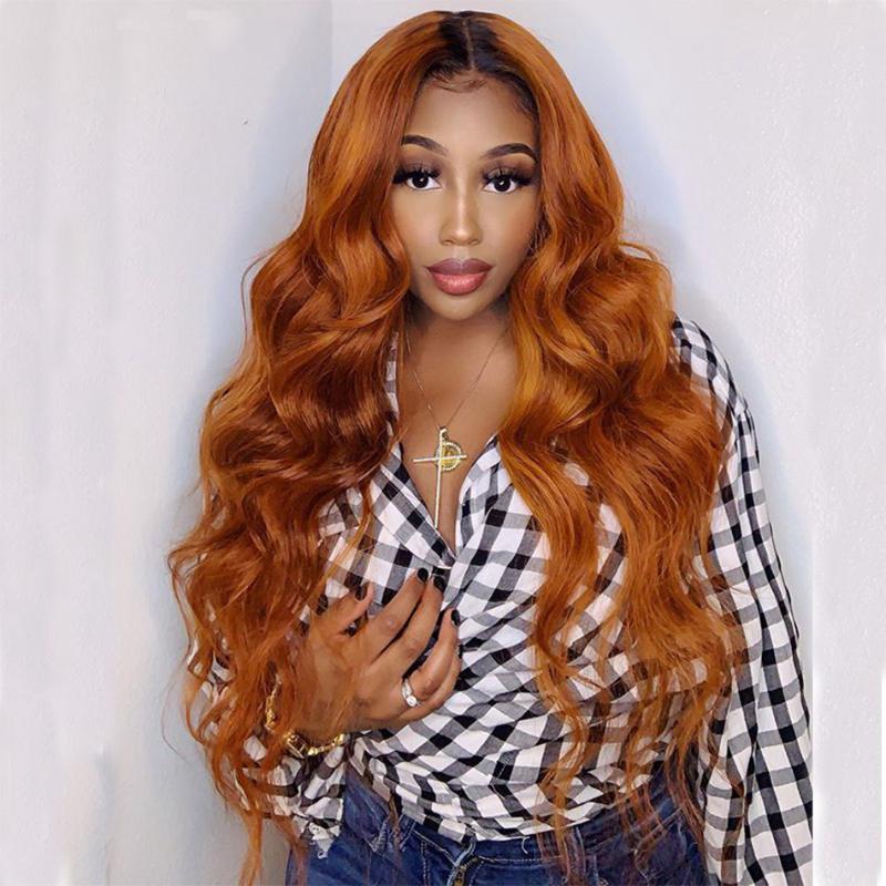 

Wavy Ombre Ginger Blonde Glueless Lace Front Wigs for Women Preplucked Hairline Ombre Orange Human Hair Lace Wigs with Baby hair, 13x3 lace front wig