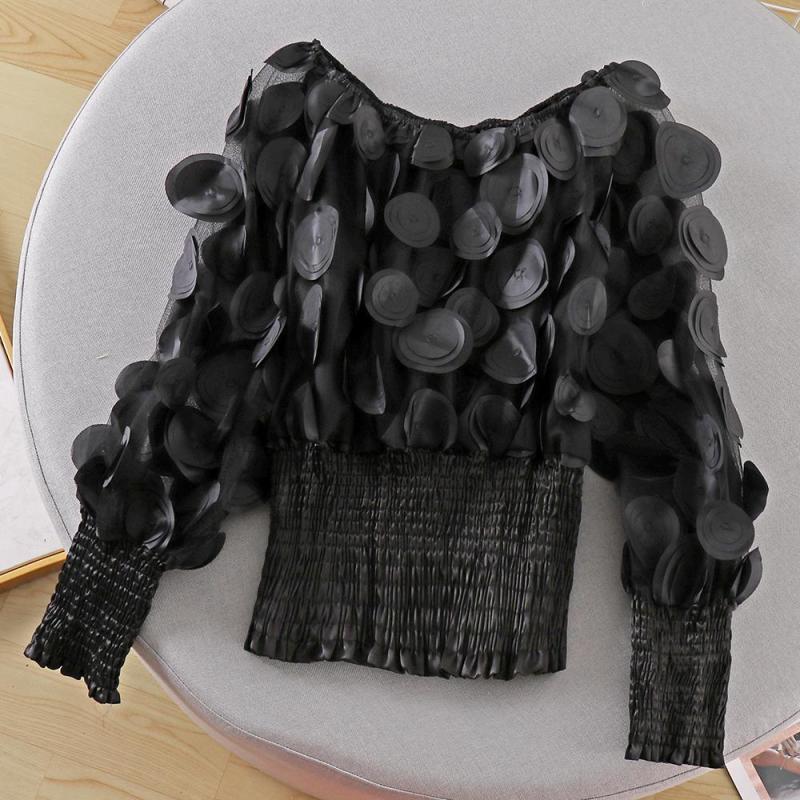 2019 New sexy off the shoulder blouse women slim long sleeved perspective screen yarn chiffon shirt spring autumn short tops T200321